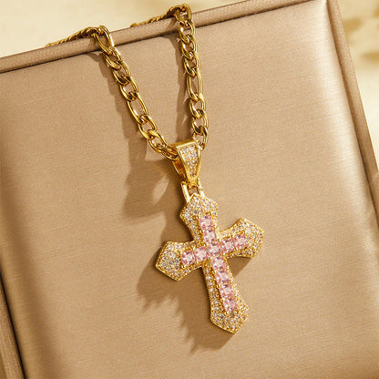 ✨ Hip Hop Double-Layer Cross Chain – Baguette Rhinestone, Figaro Links ✨