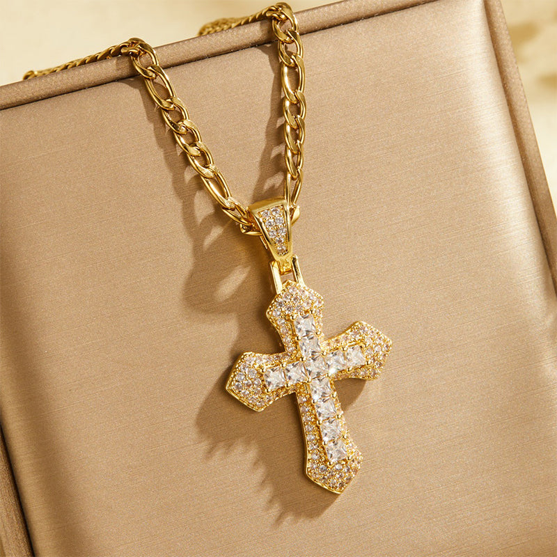 ✨ Hip Hop Double-Layer Cross Chain – Baguette Rhinestone, Figaro Links ✨