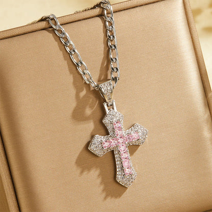 ✨ Hip Hop Double-Layer Cross Chain – Baguette Rhinestone, Figaro Links ✨