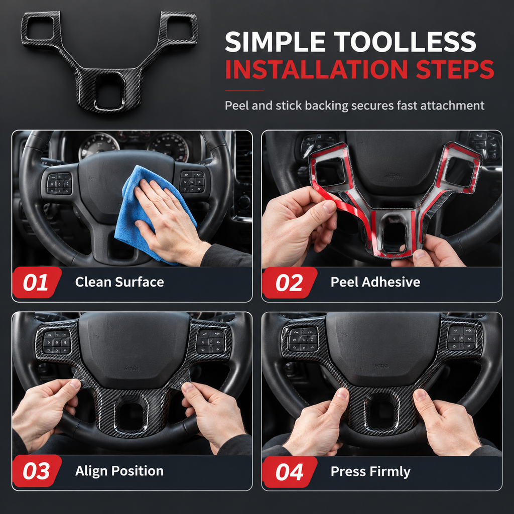 🚛 LIMITED-TIME 50% OFF! ✨ Steering Wheel Trim Cover For RAM Trucks – Carbon Look, Scratch-proof, Snap-on 🛠️
