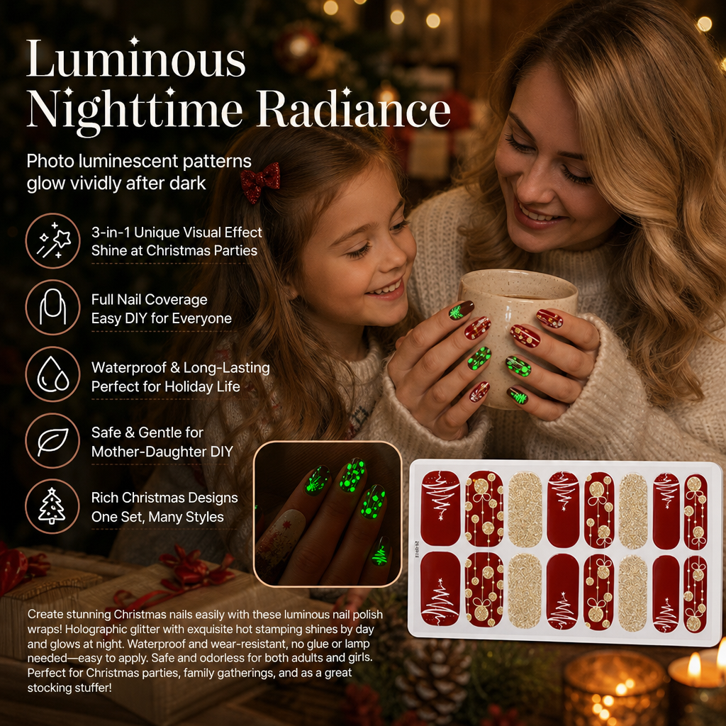 📢📢50% OFF !! ⏰ Christmas Glitter Nail Wraps – Waterproof, luminous & nail file included ✨