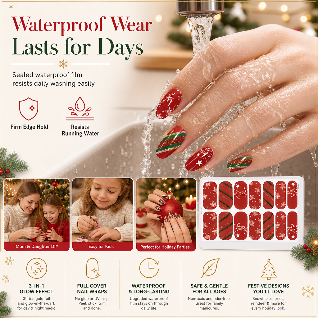 📢📢50% OFF !! ⏰ Christmas Glitter Nail Wraps – Waterproof, luminous & nail file included ✨