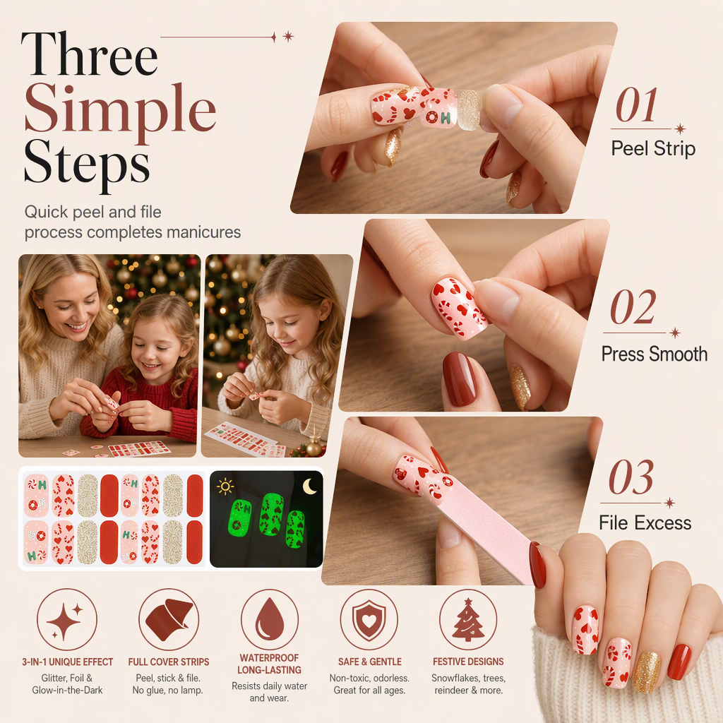 📢📢50% OFF !! ⏰ Christmas Glitter Nail Wraps – Waterproof, luminous & nail file included ✨