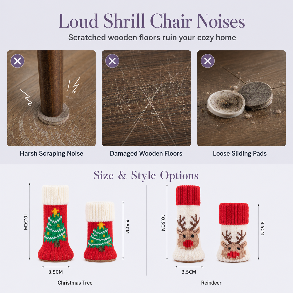 Christmas Knitted Chair Leg Covers with Felt Pads Non Slip Thickened Table Feet Socks Floor Protectors 4-Piece Set