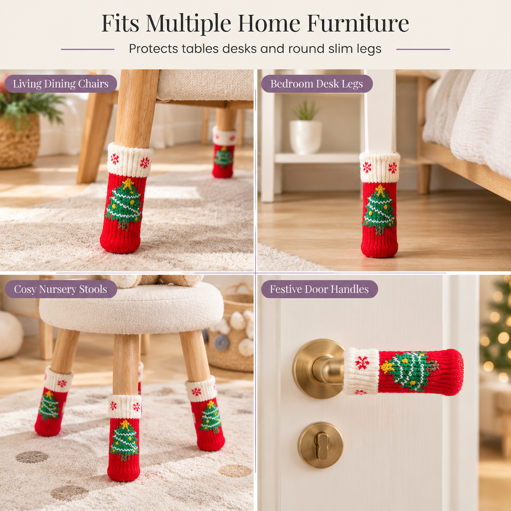 Christmas Knitted Chair Leg Covers with Felt Pads Non Slip Thickened Table Feet Socks Floor Protectors 4-Piece Set
