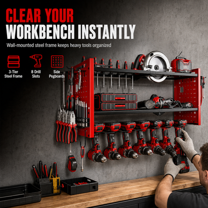 🔩 Wall-Mounted Power Tool Organizer – Heavy-Gauge Steel, Drill Charging Station & Dual Pegboards – Garage Storage 💪