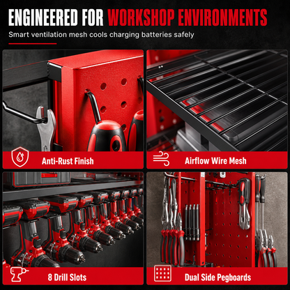 🔩 Wall-Mounted Power Tool Organizer – Heavy-Gauge Steel, Drill Charging Station & Dual Pegboards – Garage Storage 💪