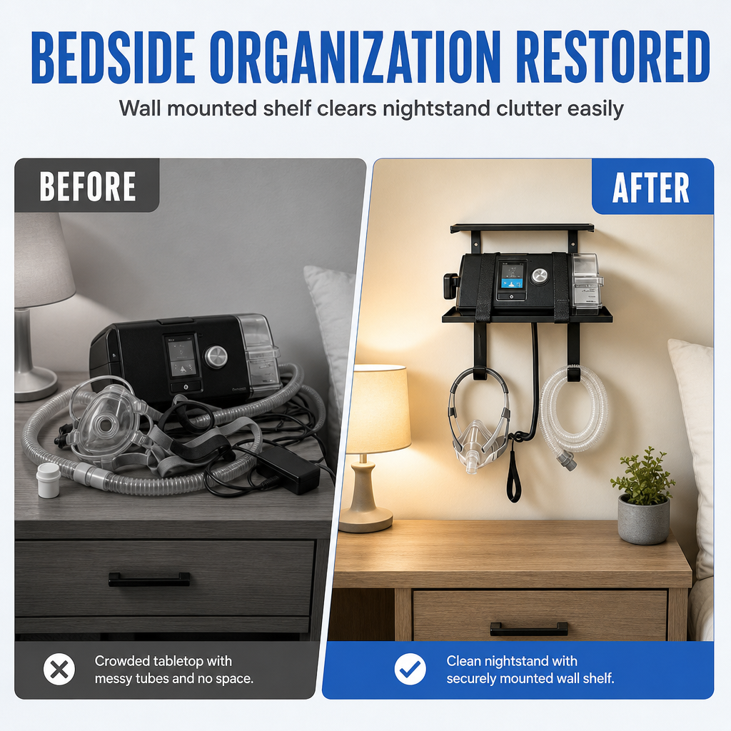 🏠 CPAP Bedside Organizer & Wall Mount Shelf | Secure, Space-Saving Storage