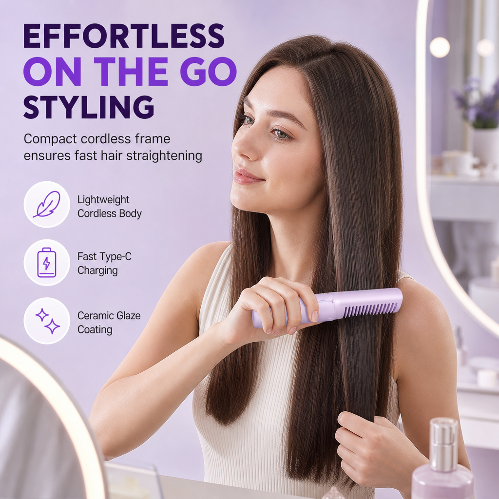 💇‍♀️50% OFF NOW! 2 in 1 Portable Cordless Hair Straightener Brush – Mini Rechargeable Straightening & Curling Comb, Ceramic Glaze Travel Hot Brush, Type-C Fast Charging for On-the-Go Styling FB Short Video Ad Copy